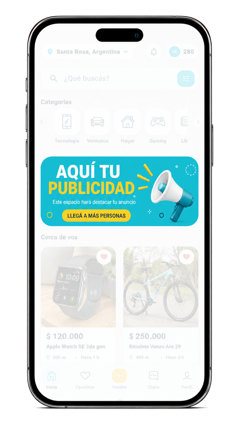 Pantalla de Inicio de WUOPA mostrando la ubicación del banner publicitario